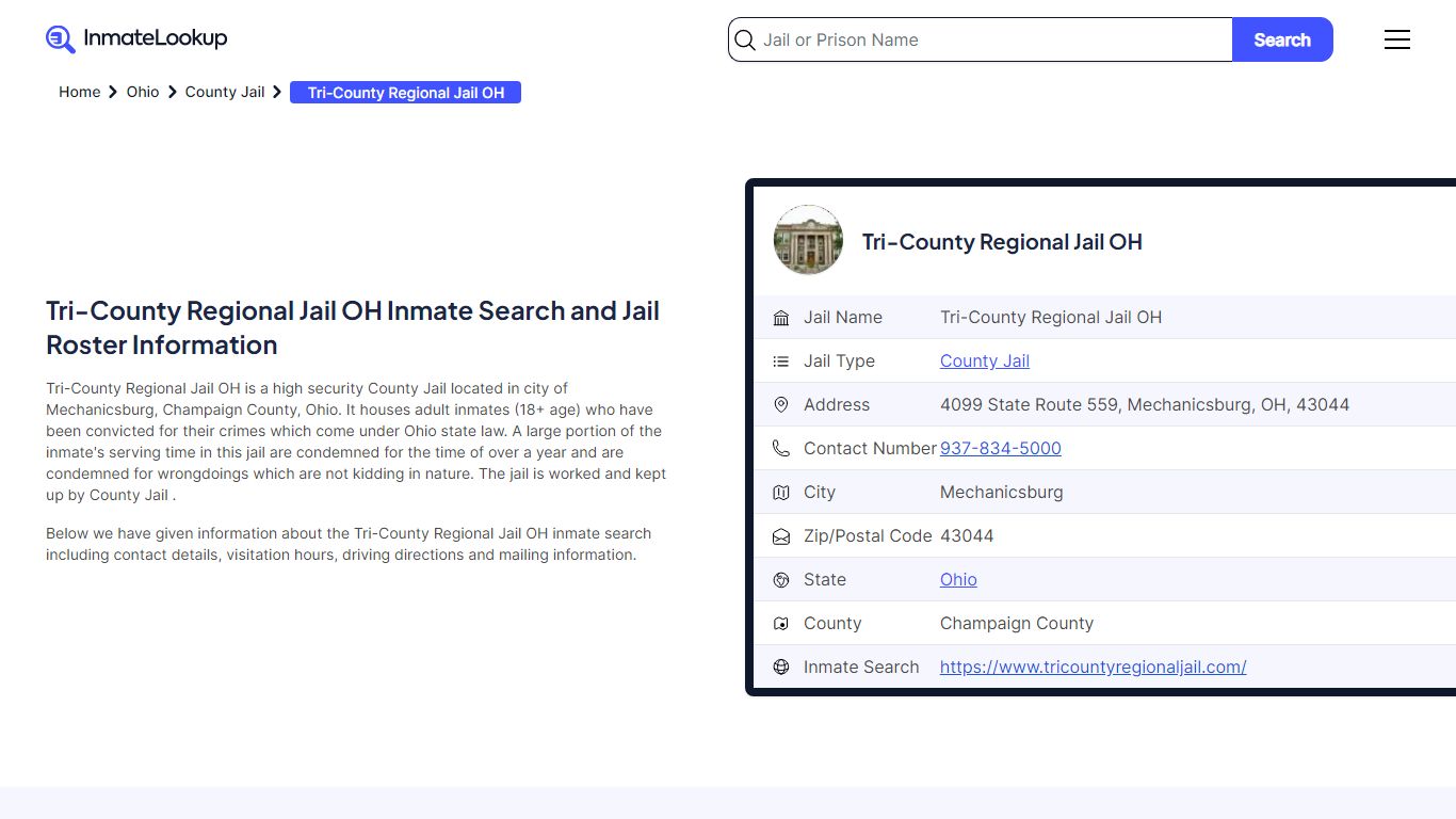 Tri-County Regional Jail OH Inmate Search - Mechanicsburg Ohio - Inmate ...