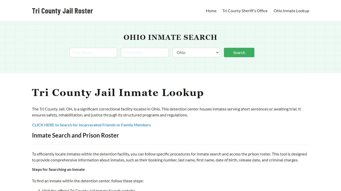 Tri County Jail Roster Lookup, OH, Inmate Search