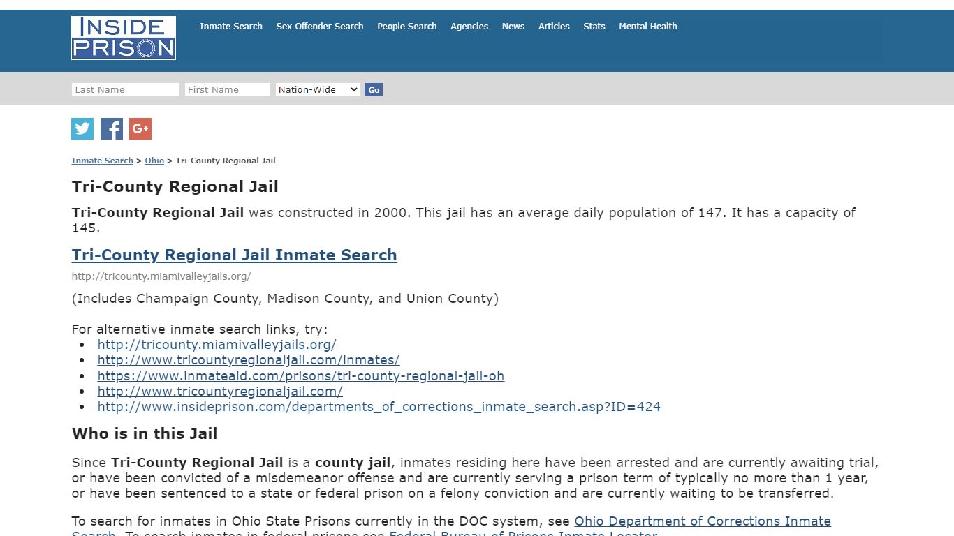 Tri-County Regional Jail - Ohio - Inmate Search - Inside Prison